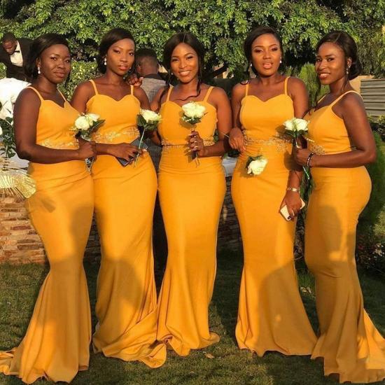 Sheath Sweetheart Neckline Spaghetti Yellow Lace Appliqued Bridesmaid Dresses | Affordable Long Court Train Wedding Party Dresses_3