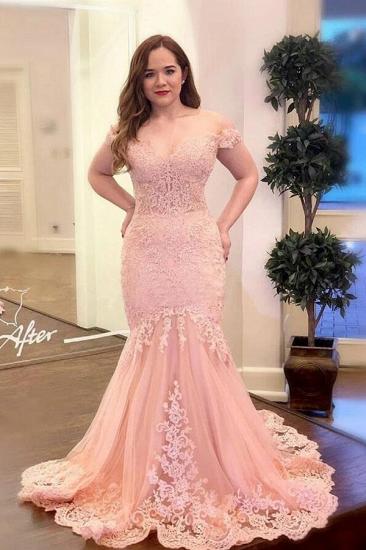 Off Shoulder Pearl Pink Mermaid Evening Prom Dress Lace Appliques Wedding Gowns_2