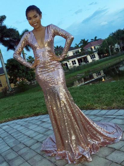 V-Neck Glamorous 2022 Prom Gowns Long Sleeve Sequins Mermaid Evening Dress_1