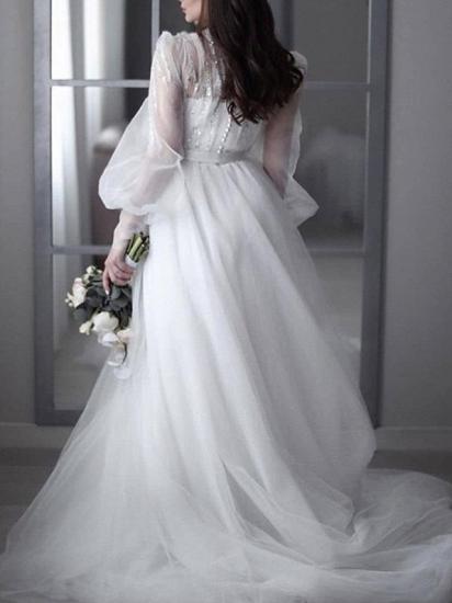 Sexy See-Through A-Line Wedding Dress V-neck Lace Tulle 3/4 Sleeve Bridal Gowns Backless with Sweep Train_2
