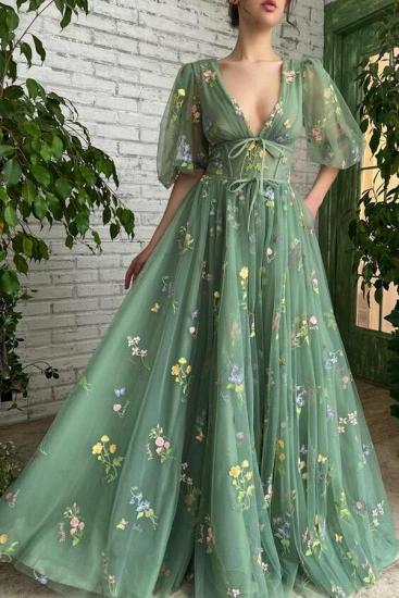 Grünes Abendkleid mit langem V-Ausschnitt | Ballkleider mit Ärmeln