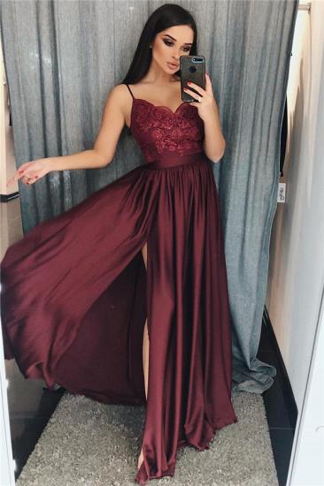 Spaghetti Straps Burgundy Prom Dresses Cheap 2022 | Sexy Side Slit Lace Appliques Evening Gown