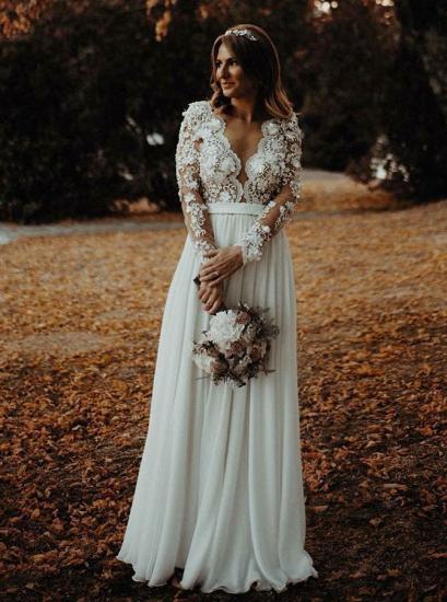 Charming Long Sleeve Lace Applique Front Split Bridal Gowns|Long V-Neck Wedding Dress_5