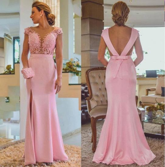 Pink Column Lace Evening Dresses | Cap Sleeves Open Back Side Slit Formal Dress_3