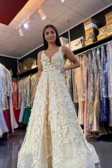 Stylish 3D Floral A-line Wedding Dress Sleeveless V-Neck Maxi Dress for Bride