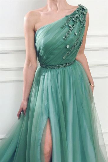 Glamorous One Shoulder Green Tulle Prom Dress with Beading | Sexy Front Slit Long Prom Dress with Beading Sash_2