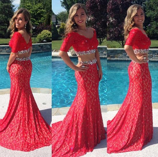 New Arrival V-Neck Red Long Evening Dress Half Sleeve Lace Sexy Mermaid Two Pieces Dresses_2