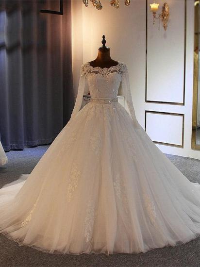 Shiny Crystal Beads Ball gown Wedding Dresses | Backless Bow Long Sleeve Bridal Gowns