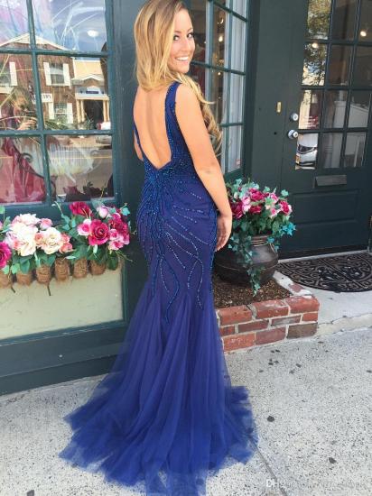 Navy Blue Tulle Prom Dresses 2022 Sheath Open Back Evening Gowns_3