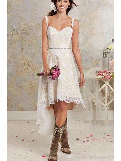 Asymmetrical A-Line Wedding Dress Sweetheart Lace Tulle Lace Spaghetti Strap Bridal Gowns Sweep Train_3