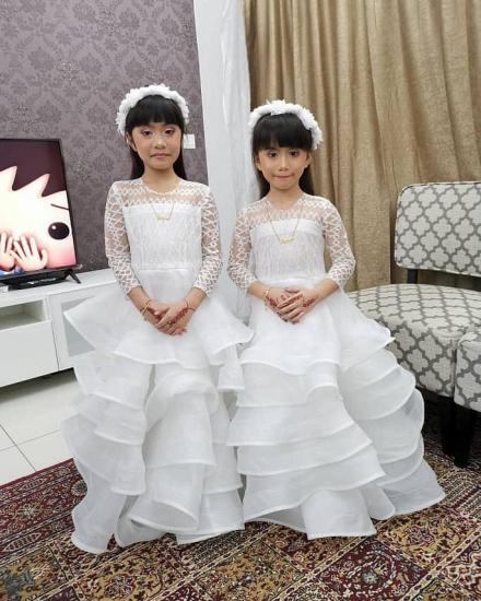 White Long Sleeves Lace Tulle Flower Girl Dresses with Ruffles | Lace High neck Little Girls Pageant Dresses_3