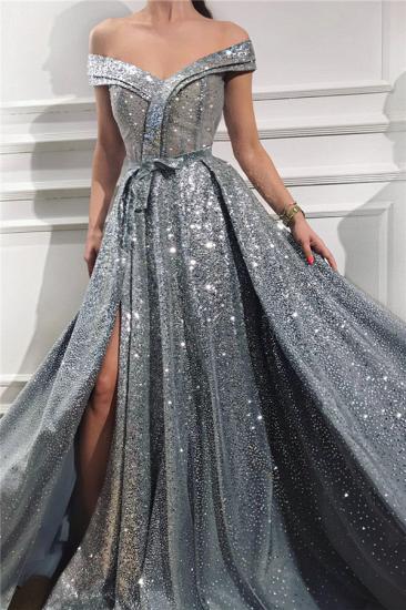 Sparkly Sequins Off the Shoulder Sleeveless Prom Dress | Gorgeous Sweetheart Front Slit Shinny Long Prom Dress