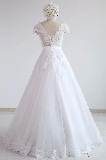 Glamouröses Kurzarm-Spitzenhochzeitskleid mit V-Ausschnitt | Weiße Tüll-Brautkleider in A-Linie mit Applikationen_3