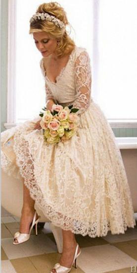A-Line V-Neck 3/4 Long Sleeve Lace Wedding Dress New Arrival Tea Length Plus Size Bridal Gown_2