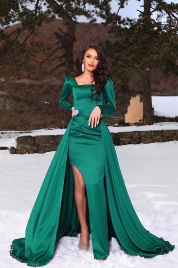 Dark green long sleeves square neck high neck prom dress with over skirt