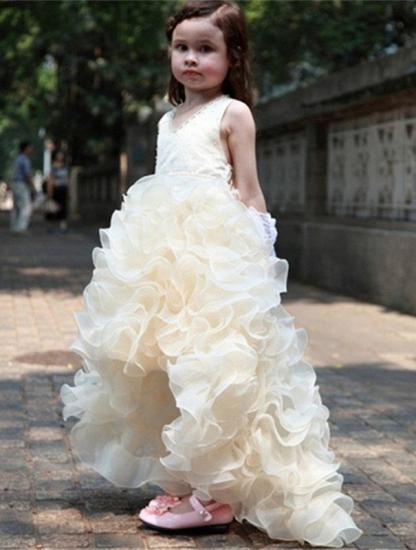 Süßes Organza-Prinzessin-Mädchenkleid mit V-Ausschnitt, Bowknot, Hi-Lo, ärmellose Blumenmädchenkleider_4