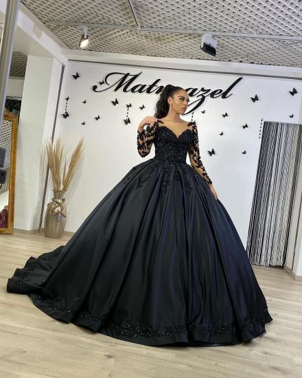 Stunning Black Lace Ball Gown Long Sleeves Floral  Dancing Party Dress with Sweep Train_4