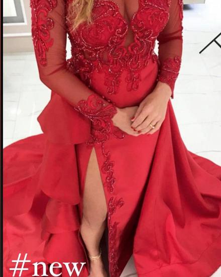 Stylish Long Sleeves Red Evening Dress Lace Appliques with Side Slit_2