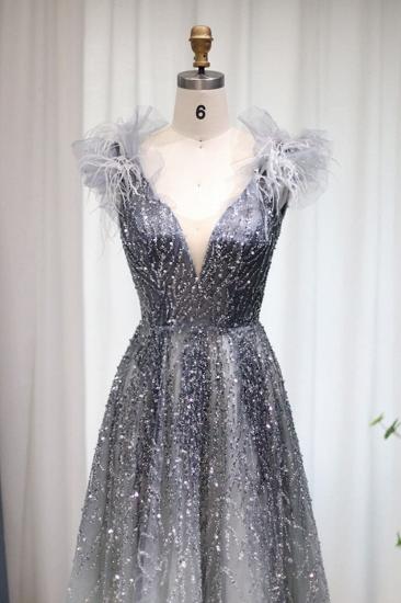 Luxury Glitter Sequins Aline Evening Party Dress V-Neck Fur Floor-Length Formal Dresses_3