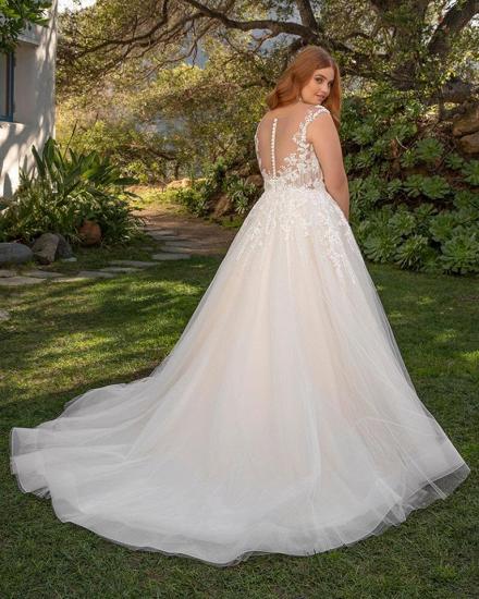 Modest Sleeveless Tulle V-neck Plus size Ivory Summer Wedding Dress with Appliques_2