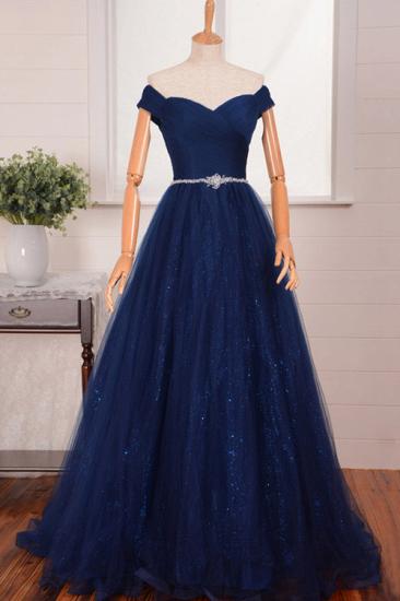 Off-the-shoulder Navy Evening Dresses Sparkly Sequins 2022 Prom Dress With Crystal Belt