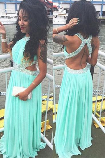 A-Line Green Chiffon Long Prom Dress with Beadings New Arrival Halter Open Back Evening Dress_1