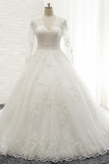 TsClothzone Affordable V neck Longsleeves Tulle Wedding Dresses A line Lace Bridal Gowns With Appliques On Sale