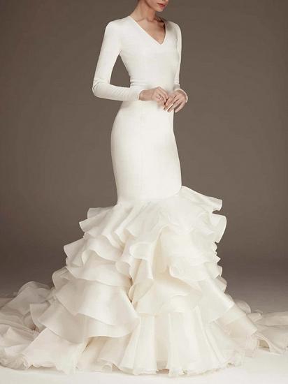 Modernes, elegantes Meerjungfrau-Hochzeitskleid mit V-Ausschnitt, Satin, langen Ärmeln, Plus-Size-Brautkleidern mit Sweep-Zug