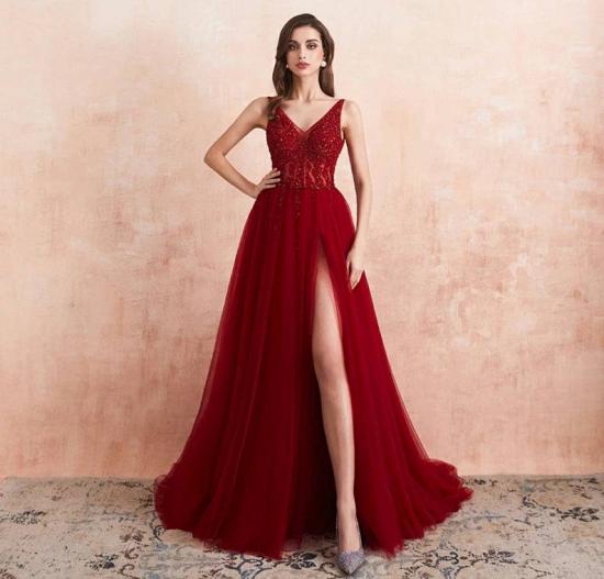 Luxury Burgundy V-Neck Beading Tulle Appliques Prom Dress A-line Side Split Evening Dress_2