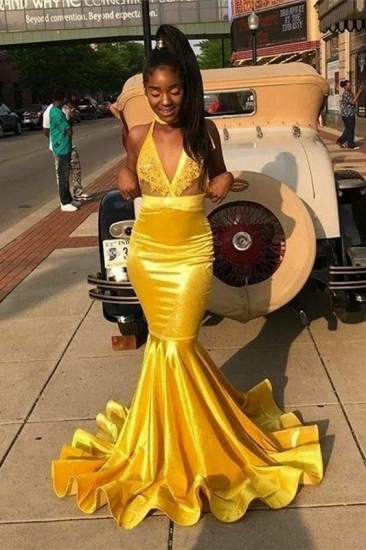 V-neck Halter Appliques Draped Yellow Mermaid Prom Dresses_1