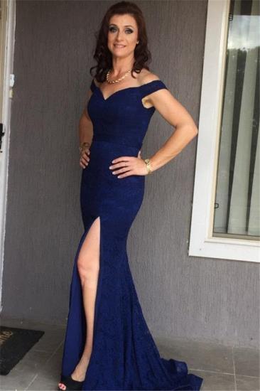 Simple Dark Navy Lace Off-the-Shoulder Evening Gowns 2022 Mermaid Side Slit Prom Dresses