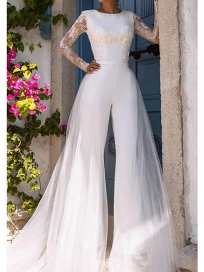 Moderne Jumpsuits Hochzeitskleid Jewel Lace Tüll Langarm Brautkleider mit Hofschleppe