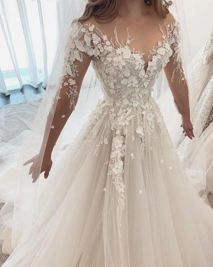 Glamouröses weißes Brautkleid mit langen Ärmeln aus 3D-Blumenspitze und Tüll-Schleppe_2