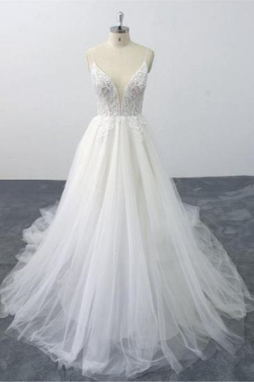 TsClothzone Sexy Spaghetti Straps Tulle Lace Wedding Dress V-Neck Ruffles Appliques Bridal Gowns Online_2