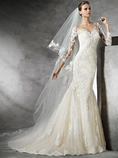 Sexy Mermaid Wedding Dress V-neck Lace 3/4 Sleeve Bridal Gowns with Sweep Train