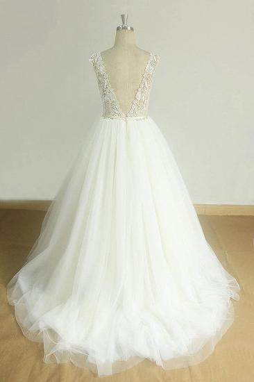 Chic V-neck Straps Tulle Wedding Dress | A-line Appliques Sleeveless Bridal Gowns_3