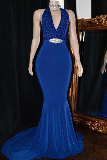 Blaue Pailletten Ballkleider mit V-Ausschnitt | Elegantes rückenfreies Abendkleid mit Kristallen_2