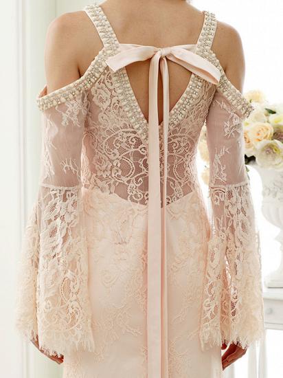 Sexy Etui-Hochzeitskleid mit floraler Spitze, langen Ärmeln, Brautkleidern in Farbe, offener Rücken mit Sweep-Zug_9