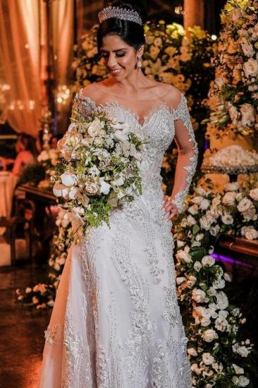 Glamorous Off Shoulder Long Sleeves Mermaid Bridal Gown with 3D Floral Lace Appliques