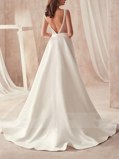 Elegant A-Line Wedding Dress V-Neck Satin Sleeveless Bridal Gowns Formal Sweep Train_3