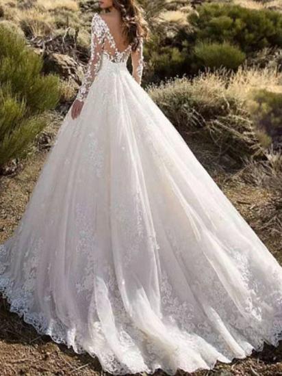 Formelles Brautkleid in A-Linie mit V-Ausschnitt, Spitze, langen Ärmeln, glitzernden und glänzenden Brautkleidern mit Sweep-Zug_3