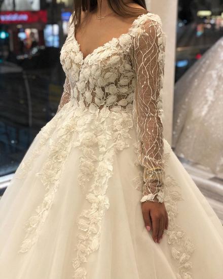 Elegant Ivory Long sleeves V-neck Leaves Lace Ball Gown Wedding Dresses_5