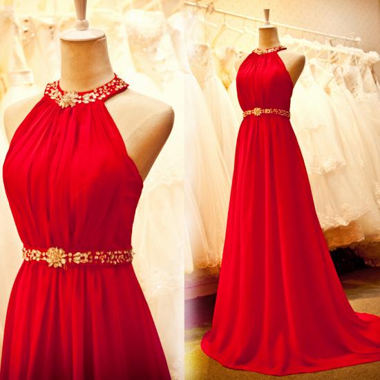 Sexy Bright Red Chiffon Halter Prom Dresses with Crystal Sash Long Train Ruffles Custom Made Evening Gowns CJ0146_2