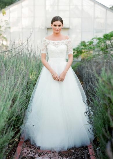 New Arrival Bateau Short Sleeve Lace Wedding Dresses A-Line Tulle Plus Size Bridal Gown