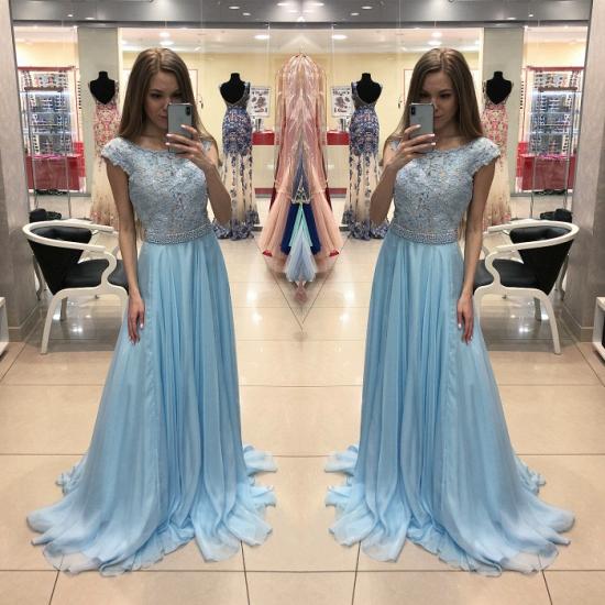 Elegant Blue Chiffon Evening Dress 2022 | Lace Cap-Sleeve Long Formal Dress_2