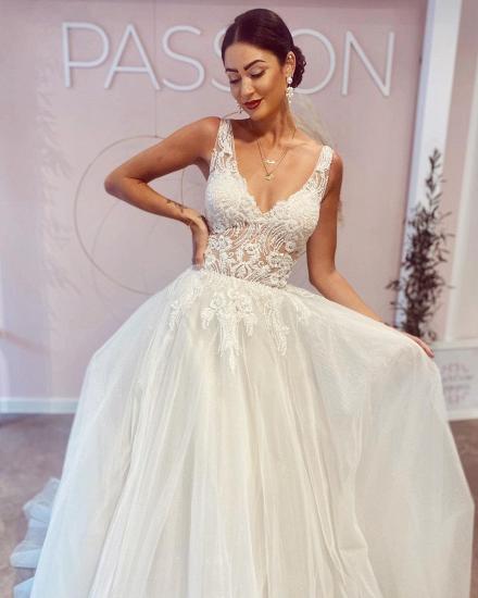 Elegant V Neck Sewing Beads Bridal Dress Sleeveless Belt Aline Wedding Dress_4