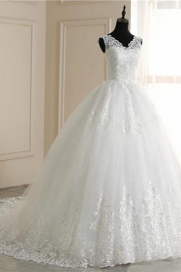 Elegant White V-neck Sleeveless Ball Gown Lace Wedding Dress_3