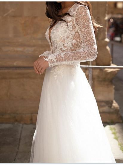A-Line Wedding Dresses Plunging Neck Lace Tulle Long Sleeve Bridal Gowns Country Plus Size Court Train_2