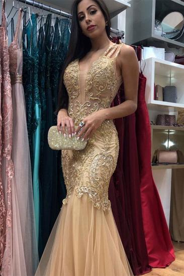 Gold Deep V-neck Straps Sleeveless Beaded Lace Appliques Prom Dresses with Tulle Train