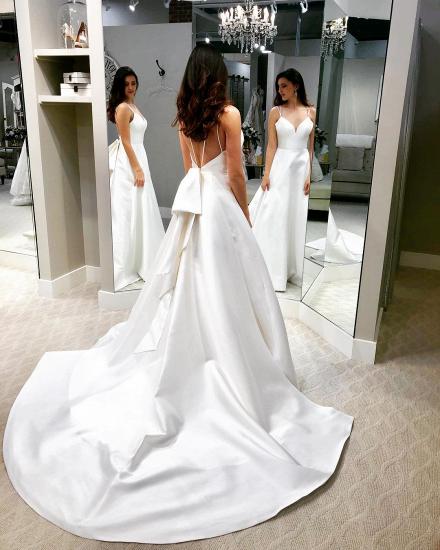 Chic White A-line Cheap Wedding Dresses | Spaghetti Straps Open Back Bridal Gowns_2